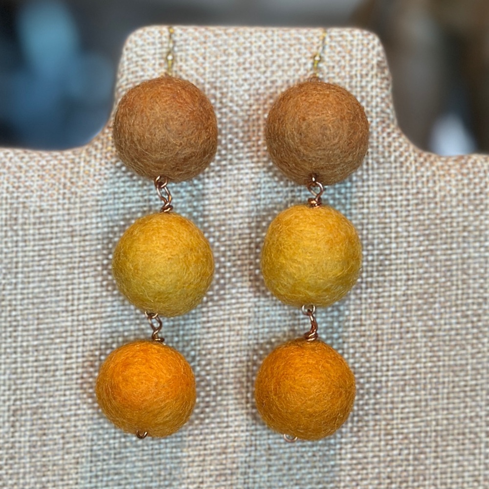 Triple-Felt Ball Drop Earrings - Orange, Yellow, Brown